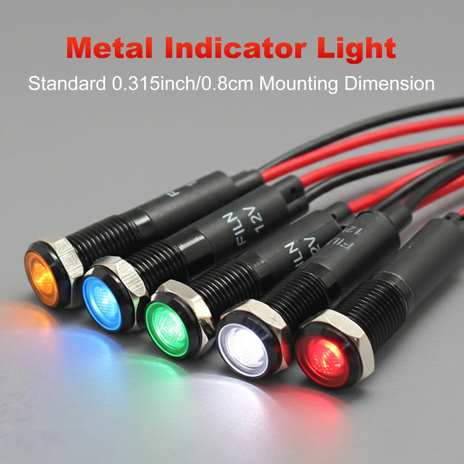 FILN 8mm Metal LED Indicator Light Signal LED 12-24V/110-220V Waterproof Wired Lamp Red/Green/Blue for Car Industrial Equipment