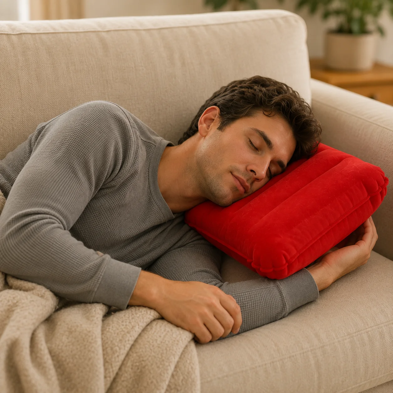 Inflatable Flocked Pillow Soft Portable Travel Camping Pillow for Indoor Outdoor Home Bed Sofa Car Neck Support  Selling view 4