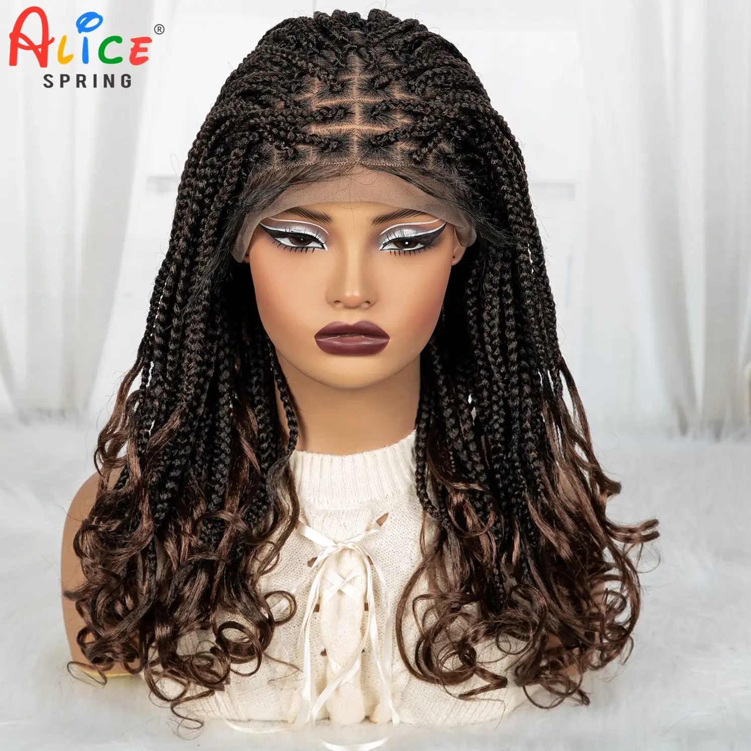 1B/30 Ombre Braided Wigs with Wavy Ends 9X6 Lace Front Synthetic Knotless Braided Lace Wigs Blended Box Braids Wig for Women