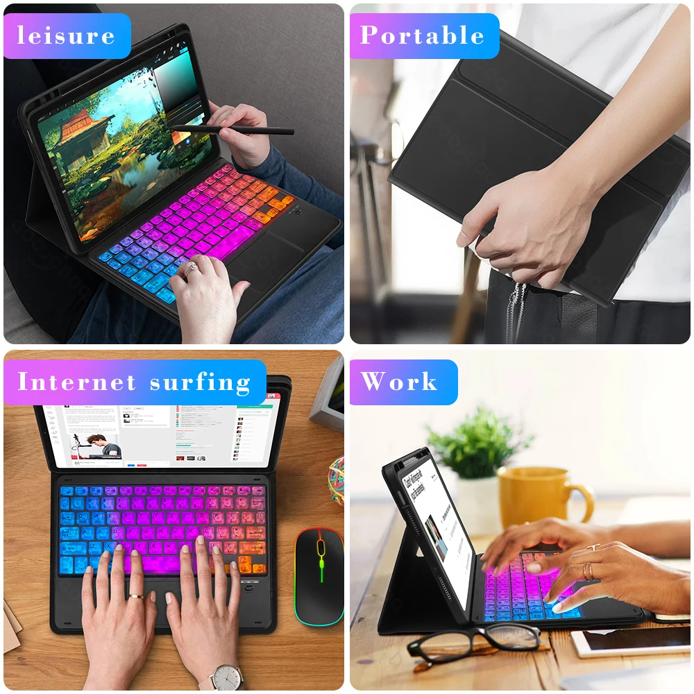 Capa de Teclado com Slot para Caneta para Xiaomi Mi Pad 5 Pro, Português, Russo, Rainbow, Capa de Teclado Bluetooth, 2021