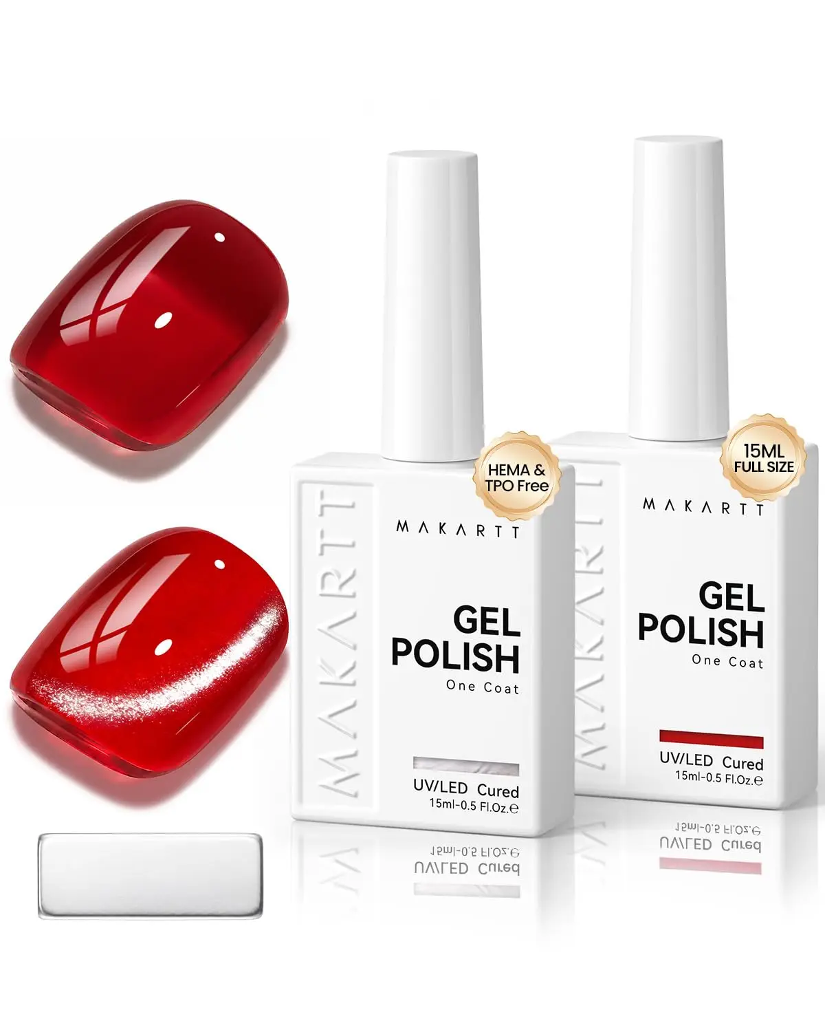Makartt 2Pcs 15ml Jelly Red Cat Eye Gel Polish Set - Hema-Free, Glassy Finish, Magnetic Christmas Effect, UV/LED Cured DIY