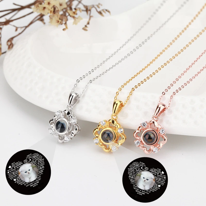 

S925 Sterling Silver Personalized Photo Projection Necklace Custom Picture Zircon Four Leaf Clover Pendants for Women Chains