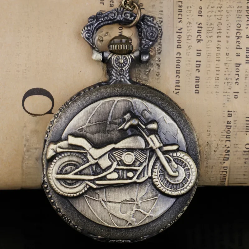 Vintage brązowy motocykl projekt elegancki vintage zegarek kieszonkowy kolekcja zdobione naszyjniki prezentowe dla mężczyzn i kobiet — zdjęcie 2