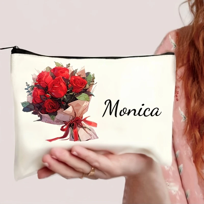Personalized Makeup Bags, Customizable with Your Name, Featuring a Delicate Red Rose Bouquet Print for a Romantic Vibe.