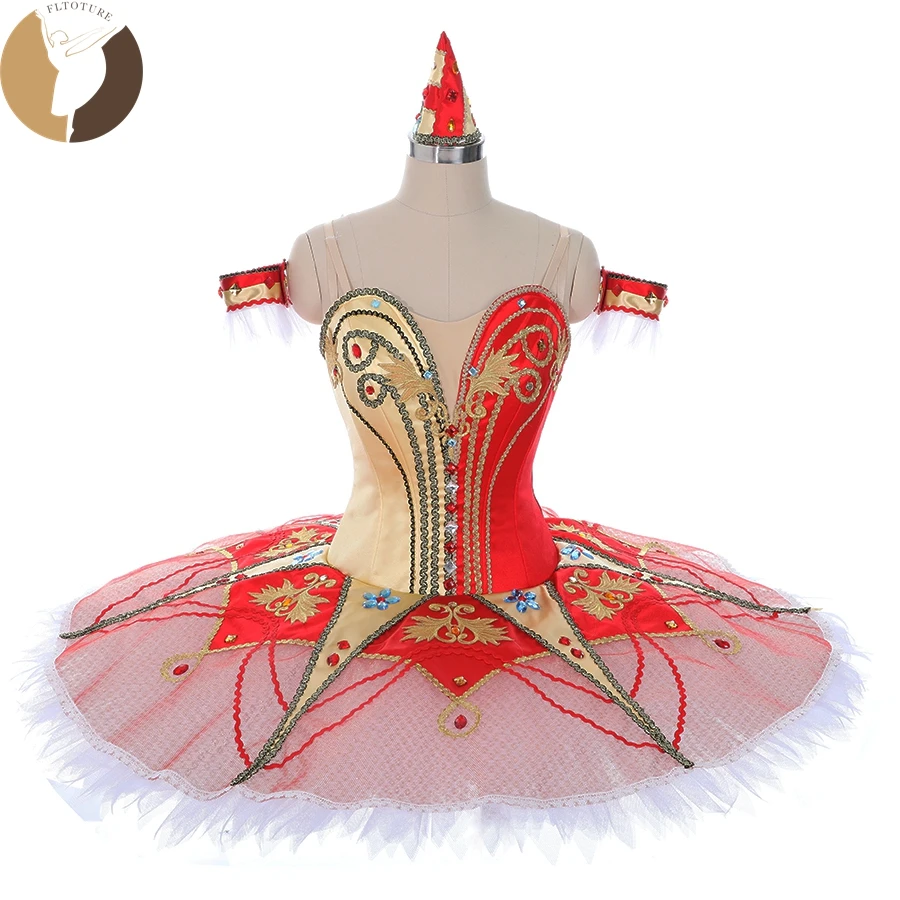 

FLTOTURE Girls Custom Made Classical Dress With Headpiece Ballet Variation Millions d'Harlequin Red Gold Pancake Tutu Skirt