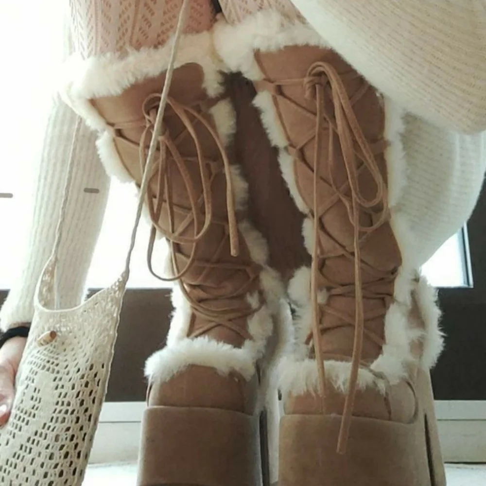 Knee High Boots For Womens Side Zipper Warm Faux Fur Platform Chunky Heel Punk Goth Walking Winter Snow Boots