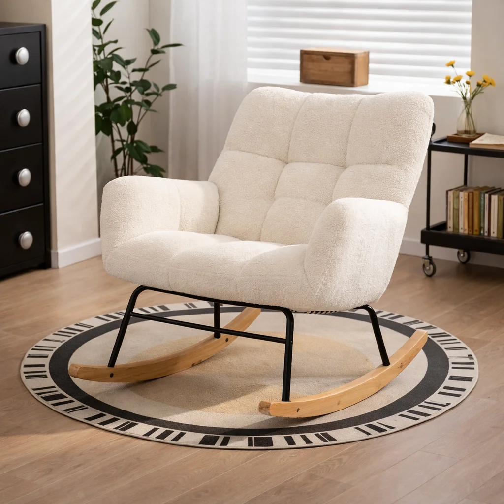 Sillón mecedora terciopelo teddy 53,5x75x92 cm, butaca acolchada respaldo alto, reposabrazos cómodos, estructura metal y madera, salón dormitorio