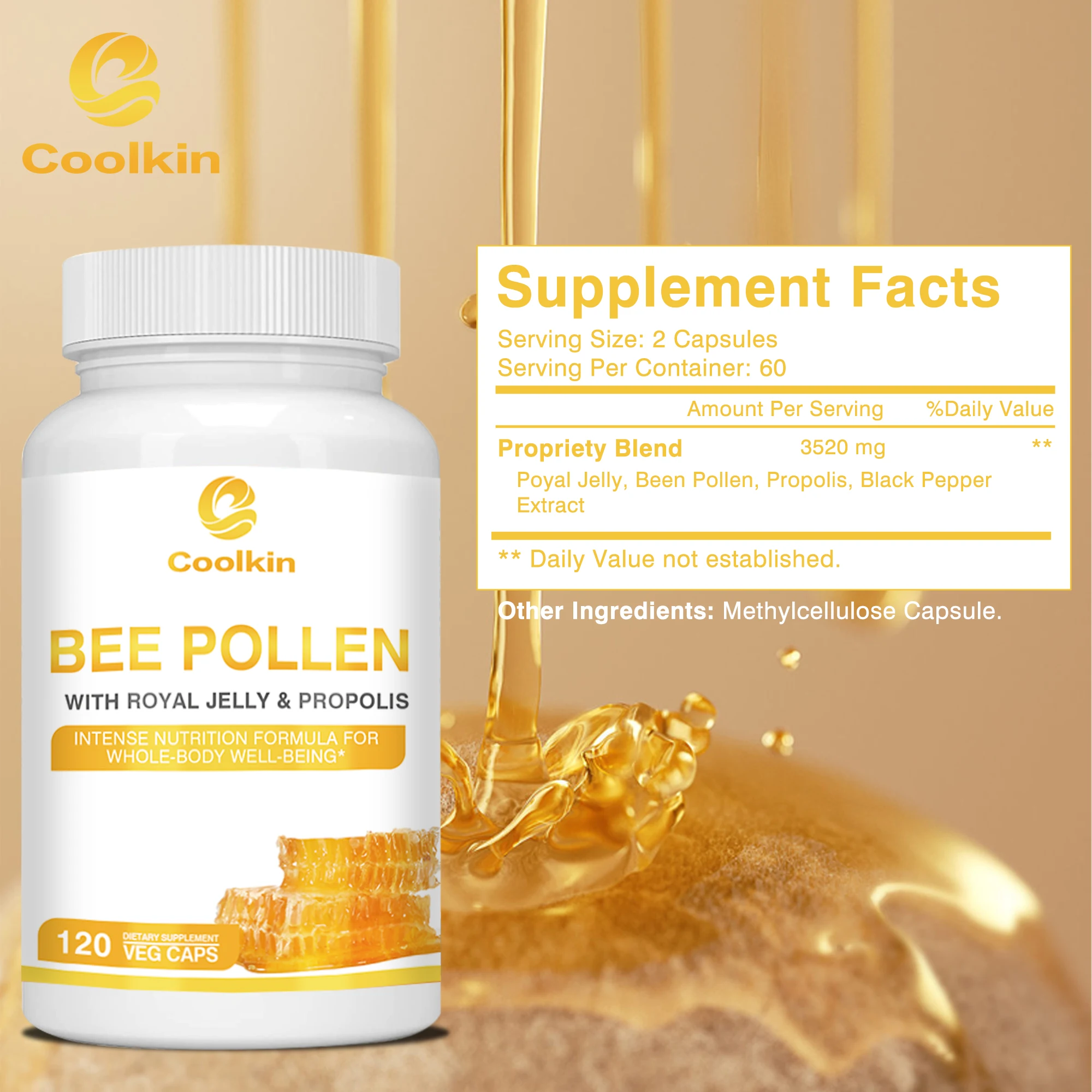 Bee Pollen - Contains Royal Jelly and Propolis - Relieve Joint Pain, Promote Bone Health, Enhance Immunity - 120 Capsules