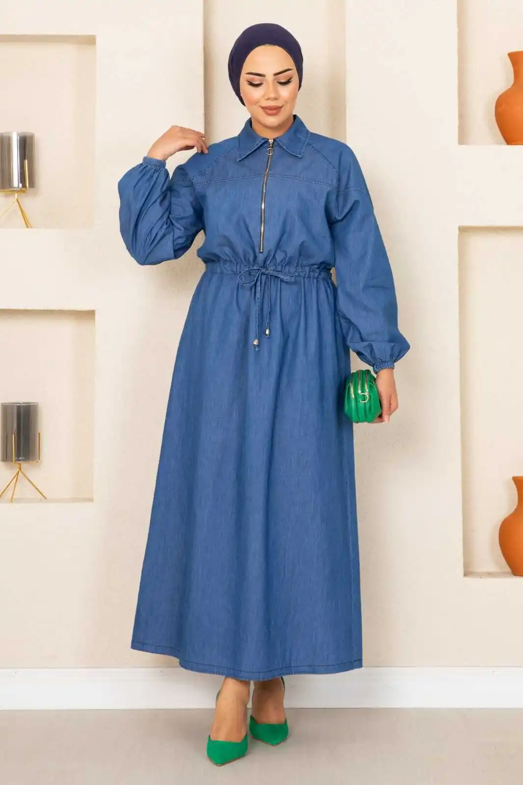 Zippered Hijab Denim Dress Muslim Fashion Hijab Dubai Abaya Long Women With Sashes Islam Clothing African Islamıc Musulman