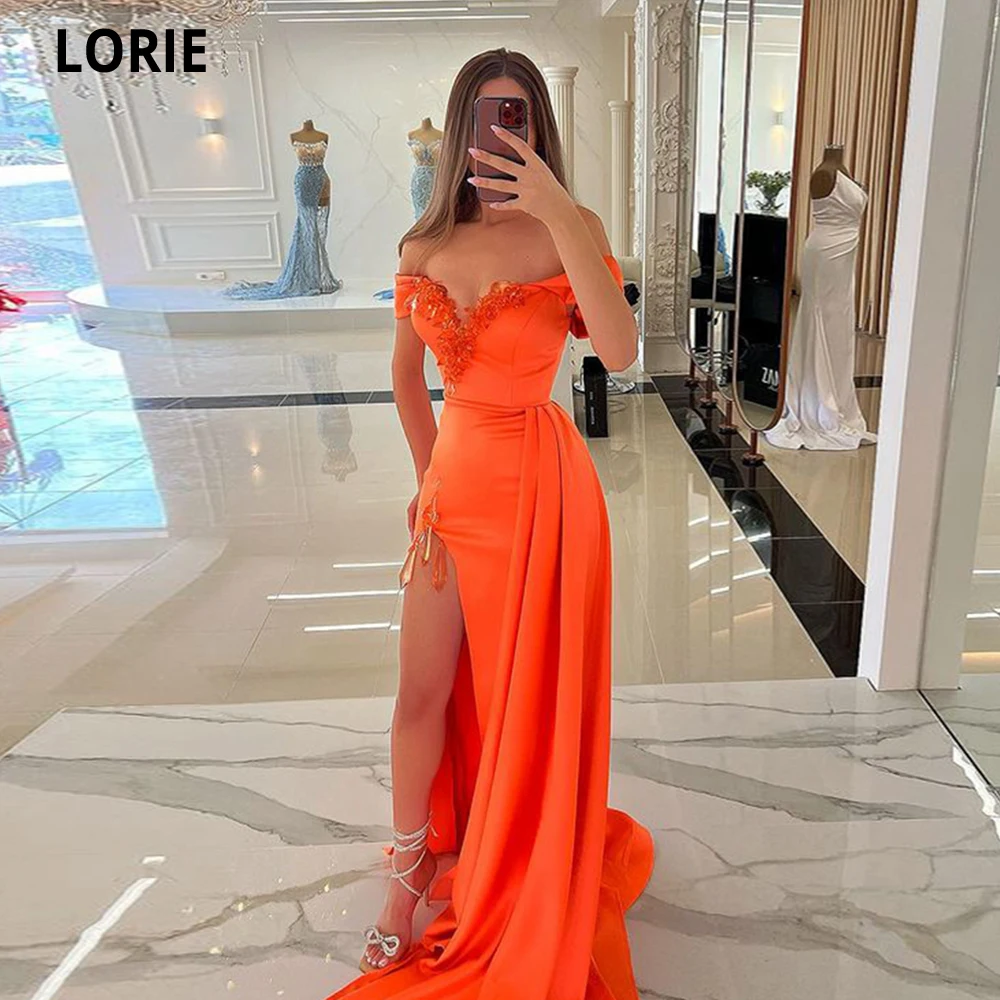 

LORIE Orange Mermaid Prom Dresses With Appliques Beaded Side Split Party Dresses For Weddings Dubai Saudi Arabia Evening Dress