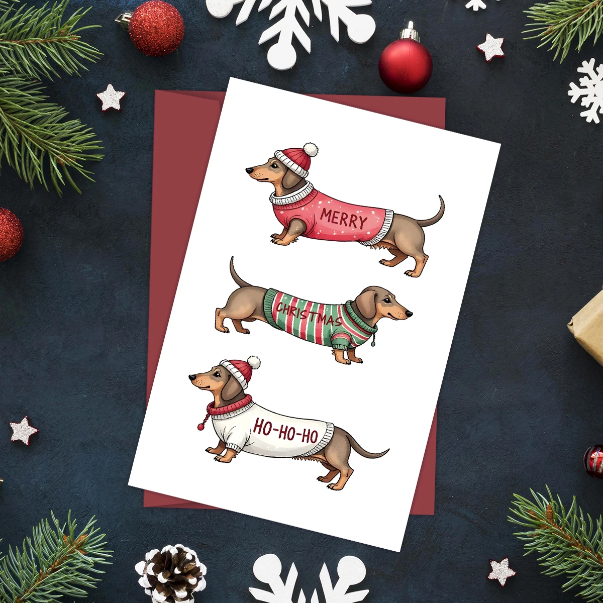 Weihnachts-Dackel-Grußkarte, „MERRY CHRISTMAS HOHOHO' Hundesign-Weihnachtskarte mit Umschlag, Geschenkkarten für Freunde und Familie – Detail 5