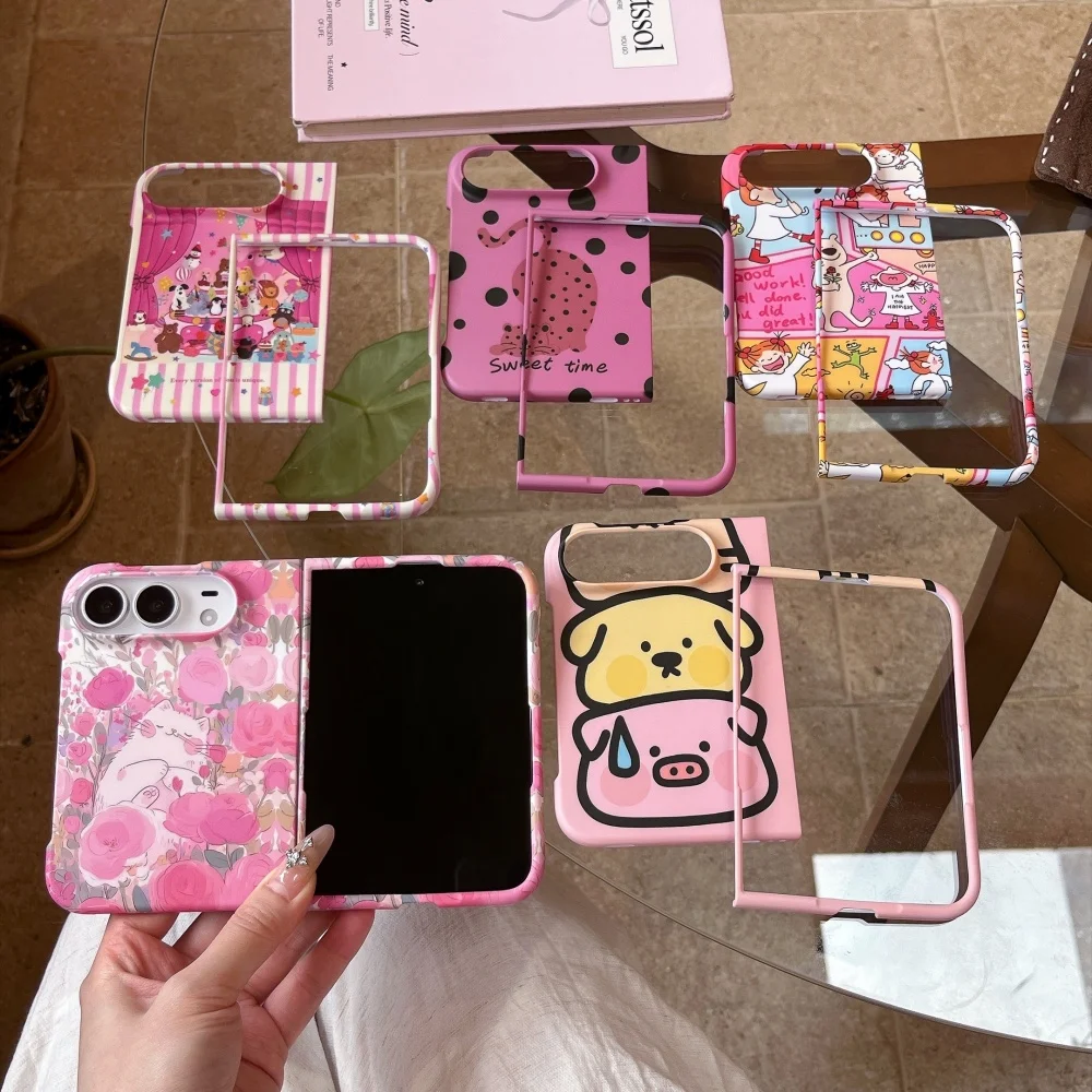 Fashion Korea Ins Cute Pink Cartoon Animal Phone Case for iPhone Duo Fashion Creative Folding Shockproof Protective Cases Kawaii