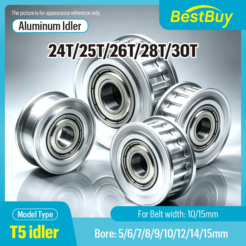 T5 Flanged Idler Pulley 24T 25T 26T 28T 30T Aluminum Alloy Tension Pulley With Bearing For T5 Timing Belt Automation Parts