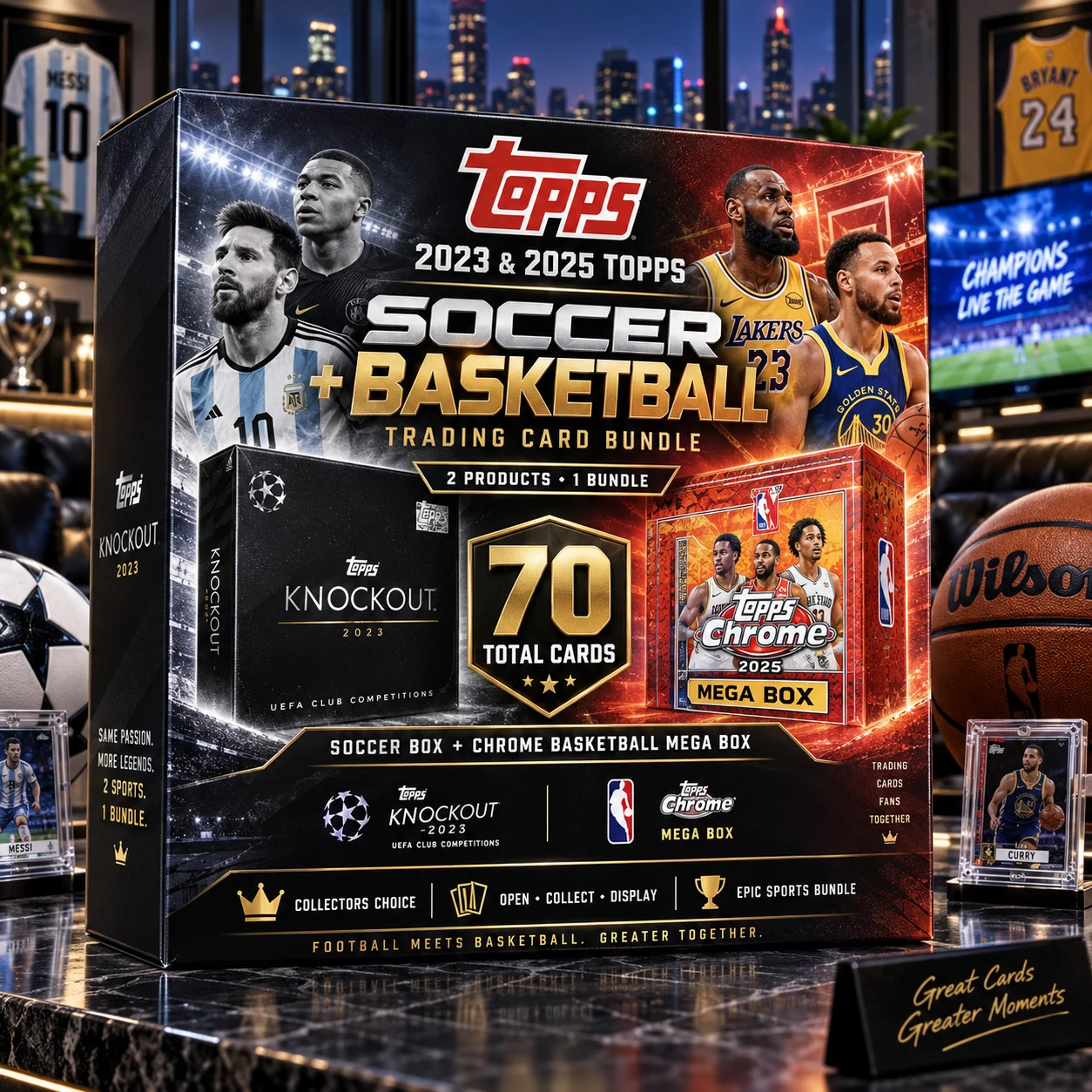 2023 & 2025 Topps Soccer Basketball Trading Card Bundle, 70 Cards Total On-Demand Soccer Box & Chrome Basketball Mega Box for Sports Collectors, Exclusive Card Finds, Memorabilia Displays & Hobby Showcases
