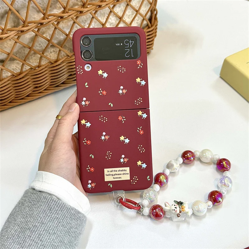 

2025 New Year Red phone case for Samsung Galaxy Z Flip 5 zflip6 flip3 4 5G Colorful flowers cute rabbit chain shockproof cover