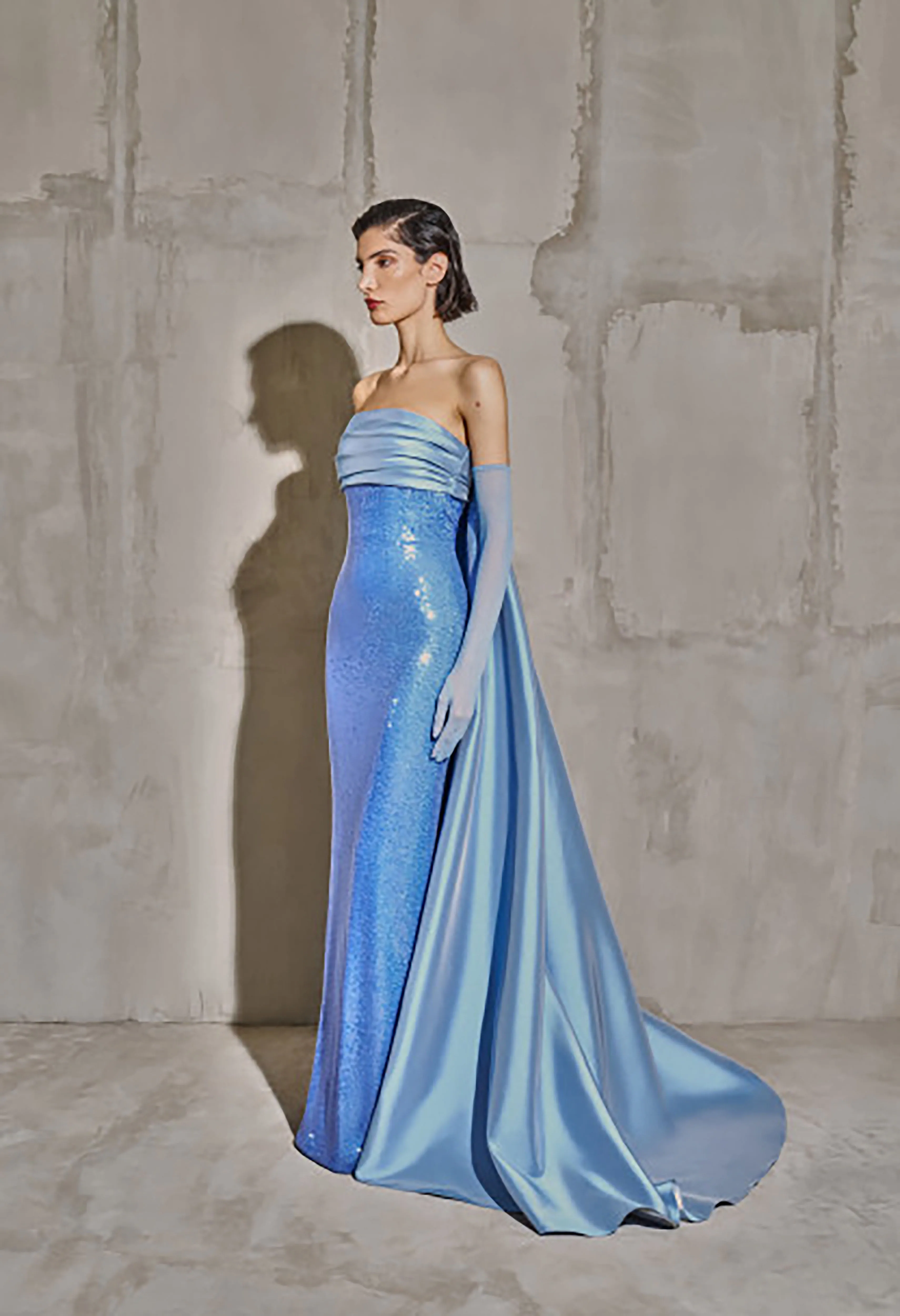 LumiGown 2026 Custom Hand Ruched Sky Blue Strapless Mermaid Evening Gown Gloss Satin Glitter Sequin Detachable Cape Formal Gown