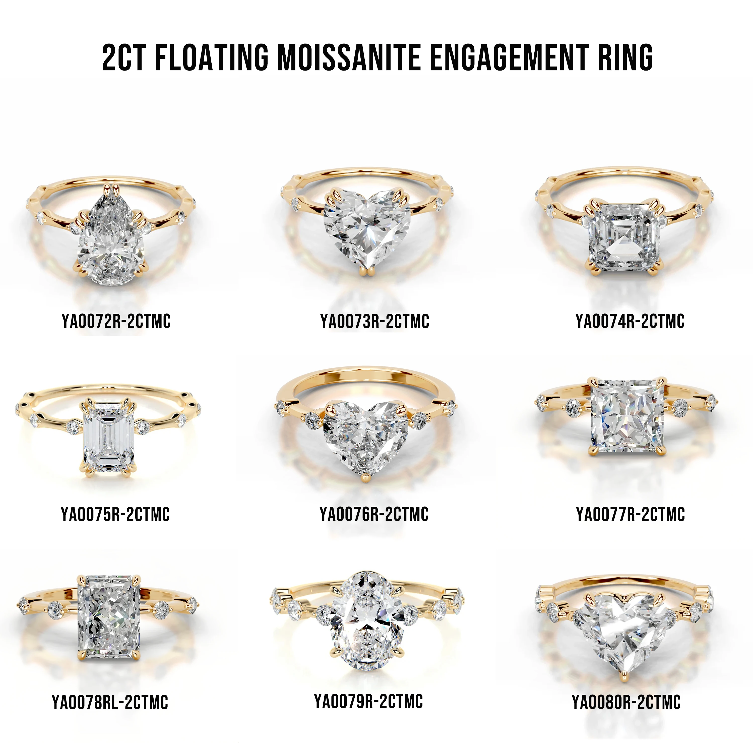GEM'S BALLET 2CT 6x8mm Emerald Cut Floating-shank Moissanite Engagement Ring in 18K Gold Over 925 Sterling Silver Gift For Her