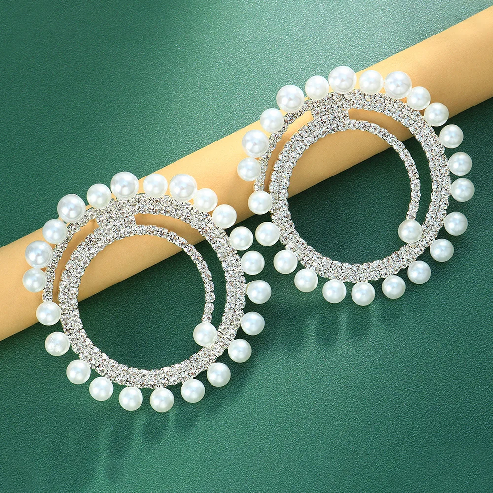 Stonefans Exaggerated Pearl Double Hoop Earrings for Women Rhinestone Big Stud Earring Drag Queen Jewelry