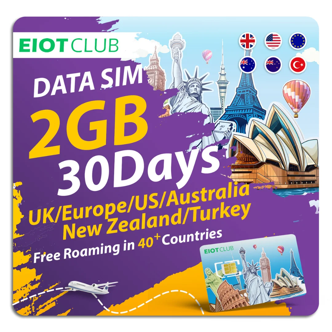 Cartão SIM Europa Pré-pago EIOTCLUB - 2GB 30DAY, Cobertura em 40+ Países, incluindo EUA, Europa, Austrália, Nova Zelândia, Turquia