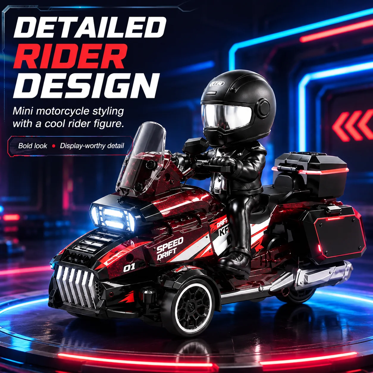 ZNLYRION 1:43 Maßstab RC Motorrad Drift Car 2.4G 4WD Desktop Mini-Rennfahrzeug mit LED-Licht, Fahrerfigur, Differentialmodell Spielzeug