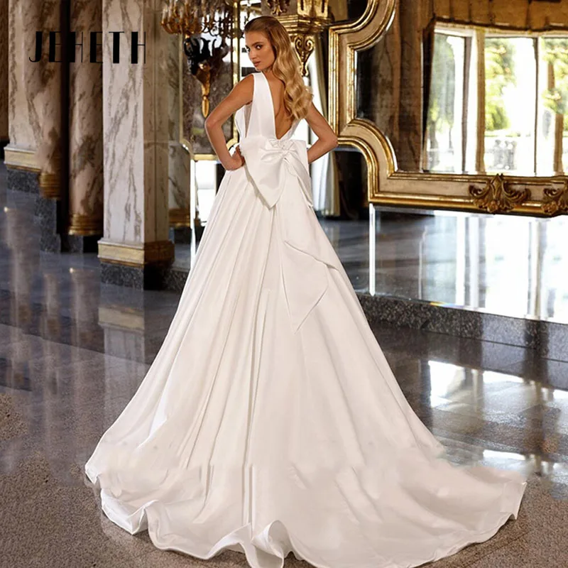 JEHETH-vestidos de novia de línea a para mujer, vestido de novia con cuello en V, sin mangas de satén, elegante vestido de princesa personalizado, 2024 JEHETH-vestidos de novia de línea a para mujer, vestido de novia c