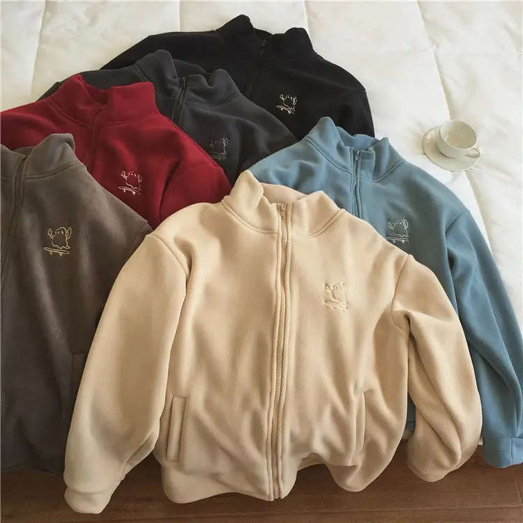 Lässige, einfarbige Damen-Winterjacken mit Stickerei, locker geschnitten, lange Ärmel, aus Polar-Fleece, bequeme, mit Fleece gefütterte, wärmende Kleidung. – Detail 6