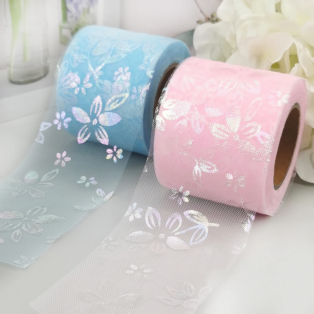 Flower Printed Mesh Ribbon Net Fabric Film, Floral Tulle, DIY Princess Tiara, Baby Shower Hairbow, Bridal Veils, 6cm, 25Yards