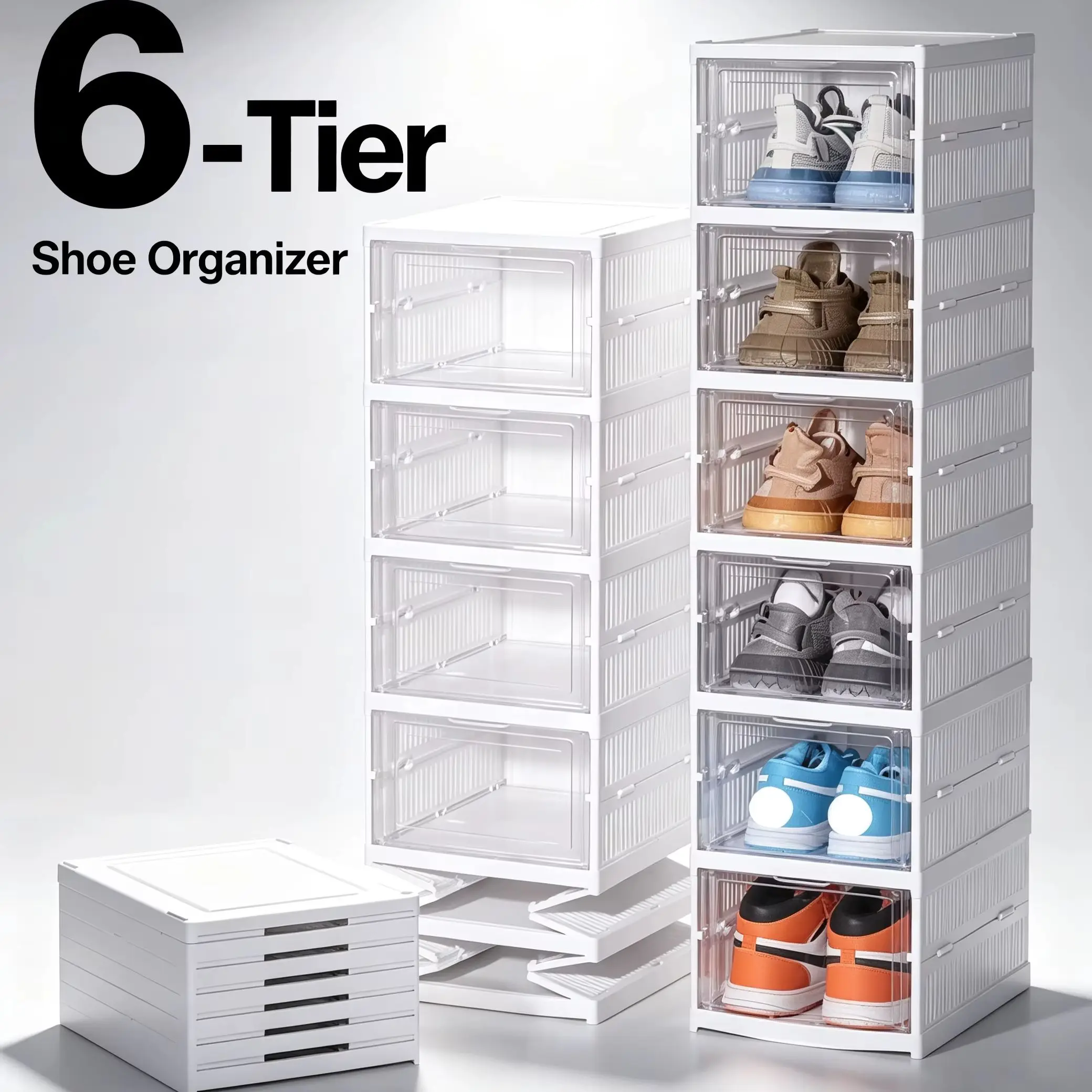 Scatola per scarpe pieghevole a 6 strati, mobiletto porta scarpe impilabile in plastica spessa e resistente alla polvere, scaffale trasparente salvaspazio per organizzare le scarpe.