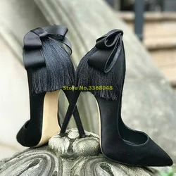 Tassel Suede Black Pumps Sexy Pointed Toe Stiletto Thin High Heel Slip On Shallow Fashion High Heels Solid Classis Shoes