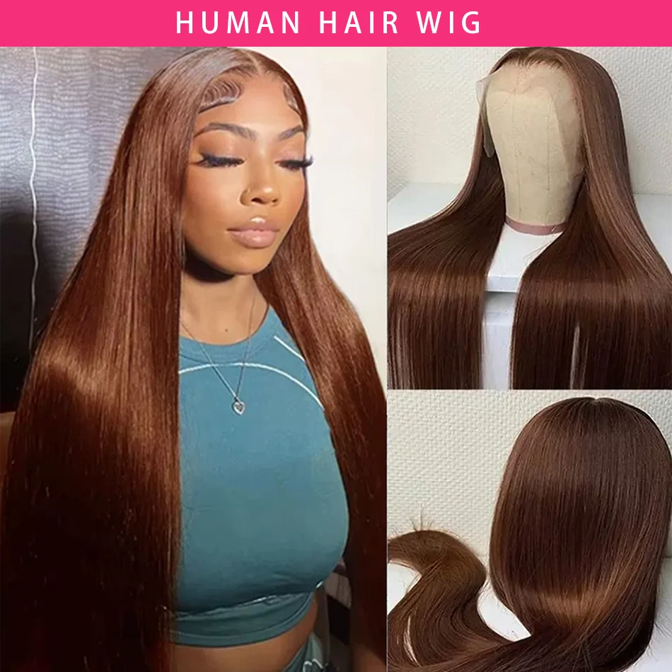 

Chocolate Brown Bone Straight Glueless Wigs Human Hair Dark Brown 13X4 Lace Front human hair wigs Colored Wigs Beauty Grace