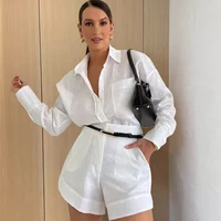 Women Long Sleeve 2 Pieces Sets Casual Simple Button Pockets Short Pant with Shirts Tops 2024 Summer Fashion Suit Female Outfits - Image 3