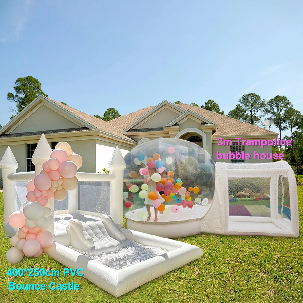 13ft Heavy Duty PVC White Castle Bounce House with Ball Pit And 10FT Jumping Trampoline Balloon Bubble House For Backyard Party