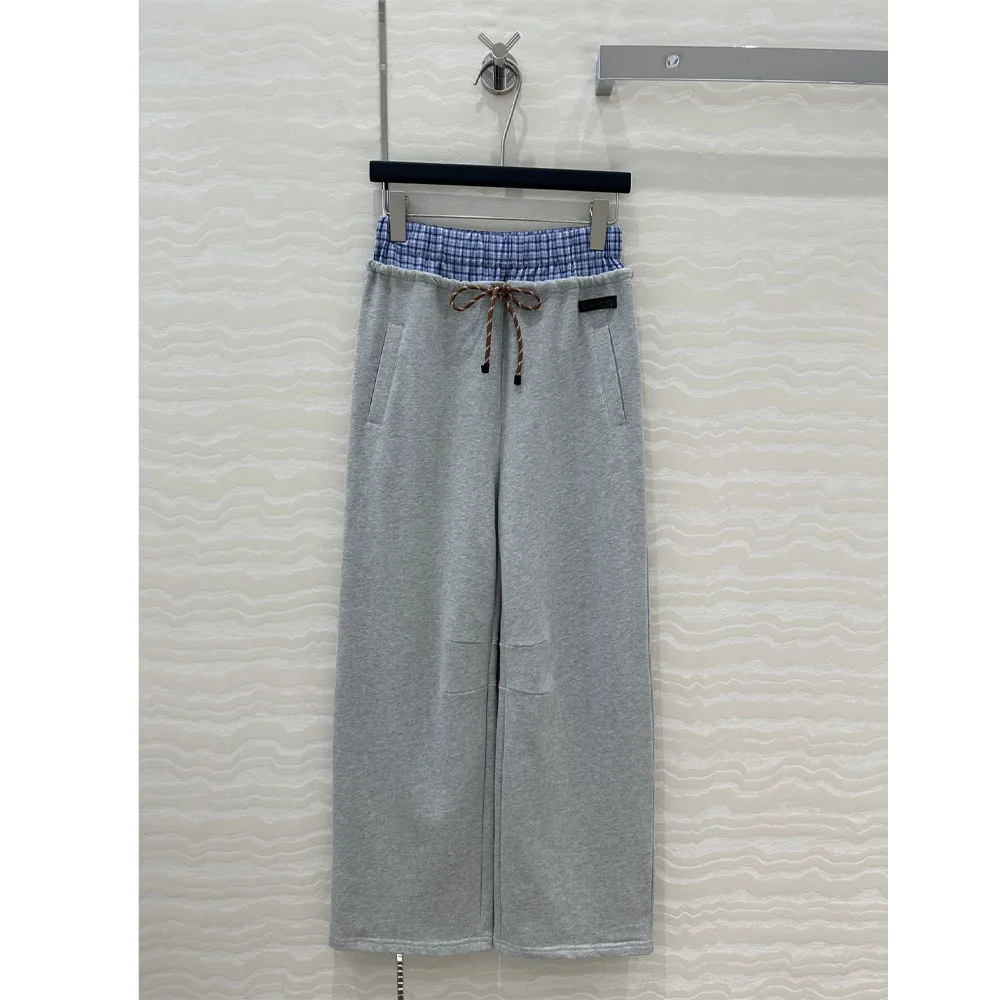 Spliced blue check Design Pants Sweatpants Women For Pants Elastic High waist Casual Female Trousers