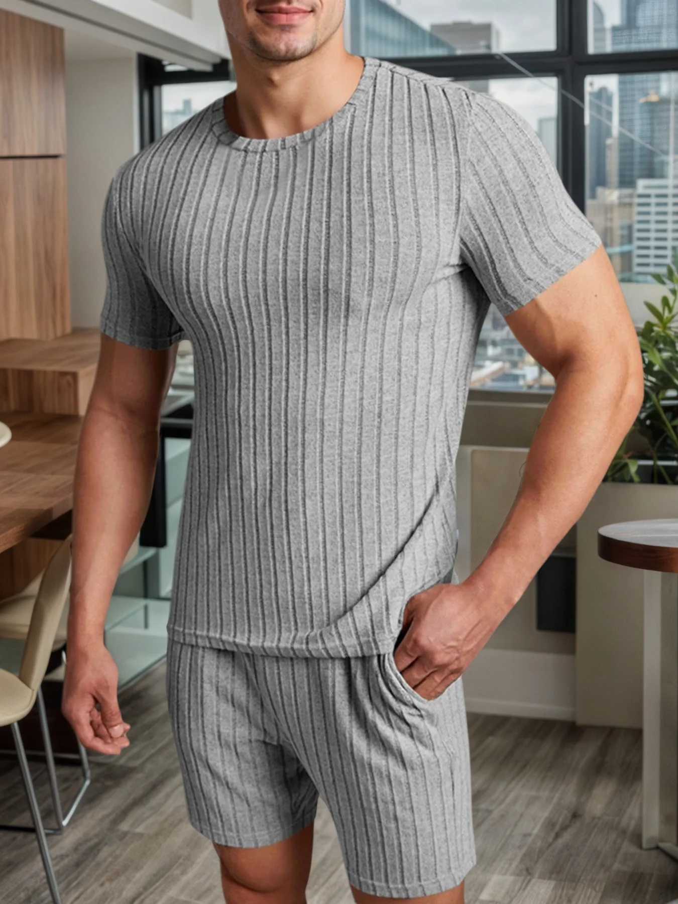 

Комплект из двух предметов: мужская футболка в рубчик и шорты, приталенный повседневный комплект