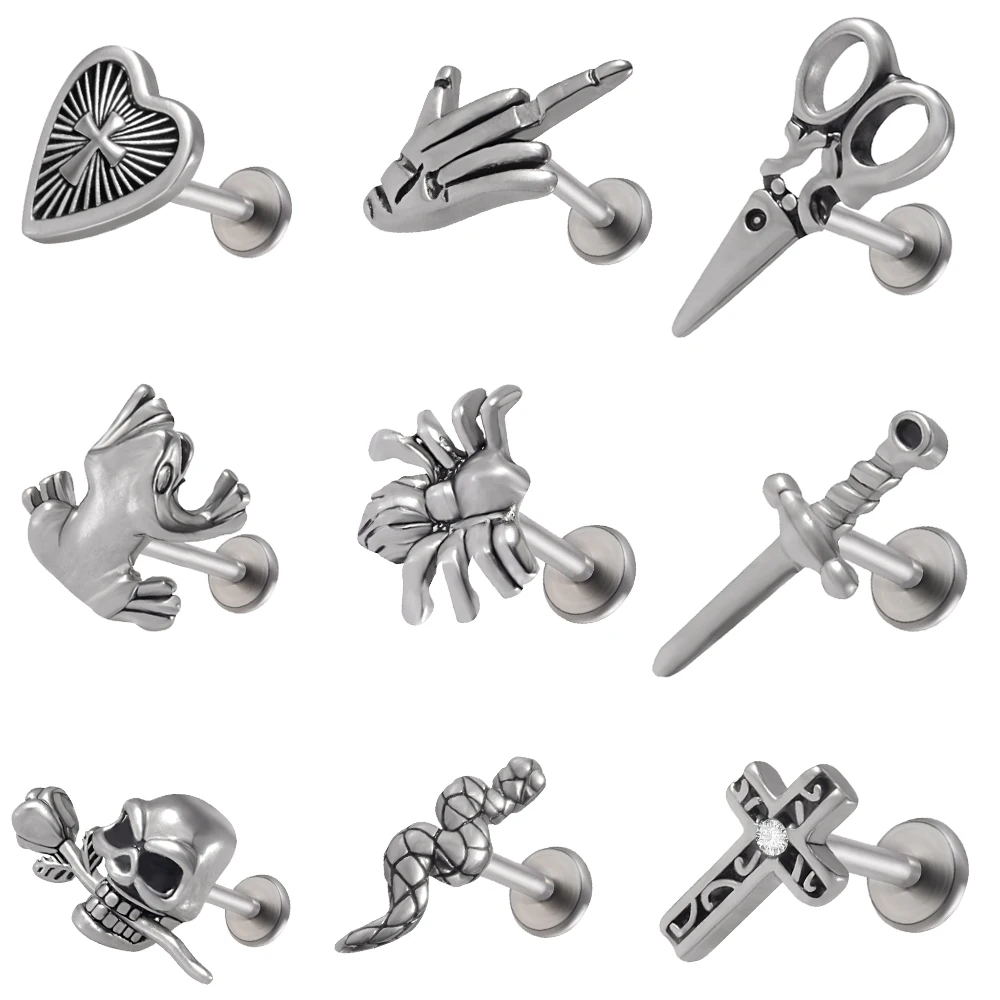 9PCS/lot 361L Surgical Steel Skull Ear Tragus Cartilage Piercing Punk Gothic Snake Labrets Lip Stud Sowrd Lobe Earrings Jewelry