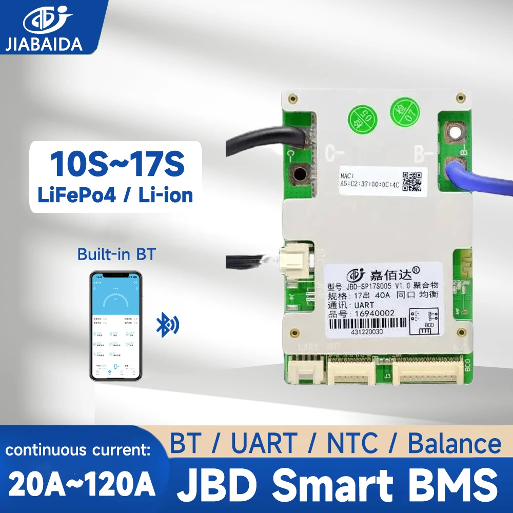 

JBD BMS 10S 12S 13S 14S 16S 17S LiFePo4 Li-ion Battery 20A 40A 50A 80A 120A Current Charge JIABAIDA BMS Smart BT UART Balance