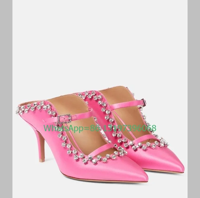 Lady embellished satin pink stain mules pumps pointed toe stiletto heel buckle strap pumps glitter rhinestone high heels size 46