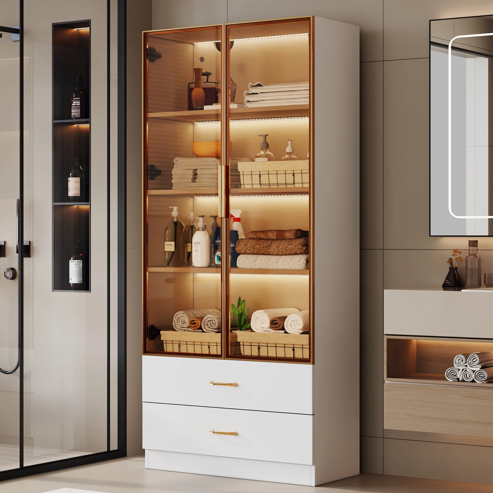 Rosahqnda Meuble de salle de bain, moyen, avec barre lumineuse, 75 cm de large, avec 2 grands tiroirs et 2 portes, porte vitrée