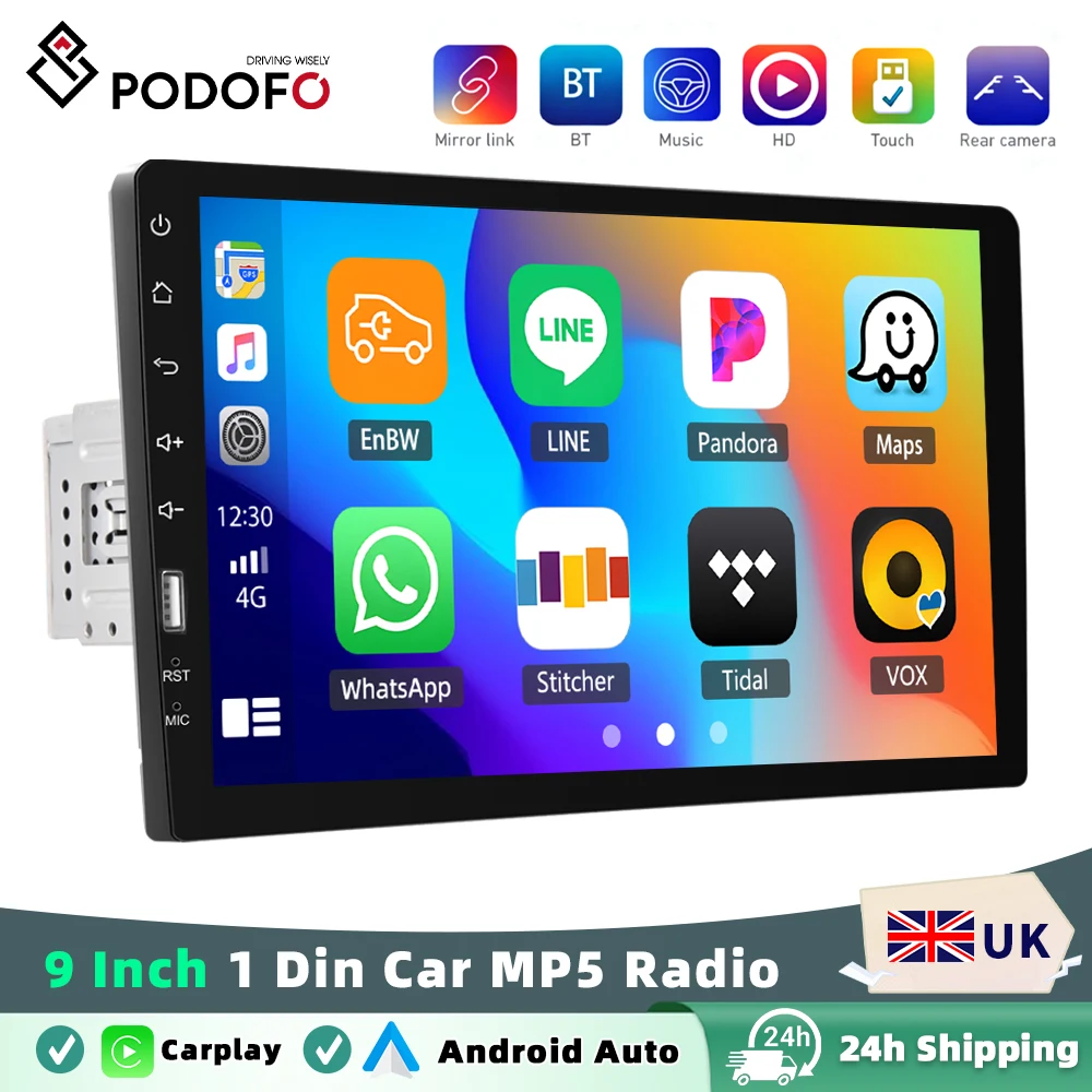 Podofo Audio Stereo Carplay Android Auto Universal Car Radio 9 Inch 1 Din MP5 Multimedia Player Mirror Link BT FM RDS