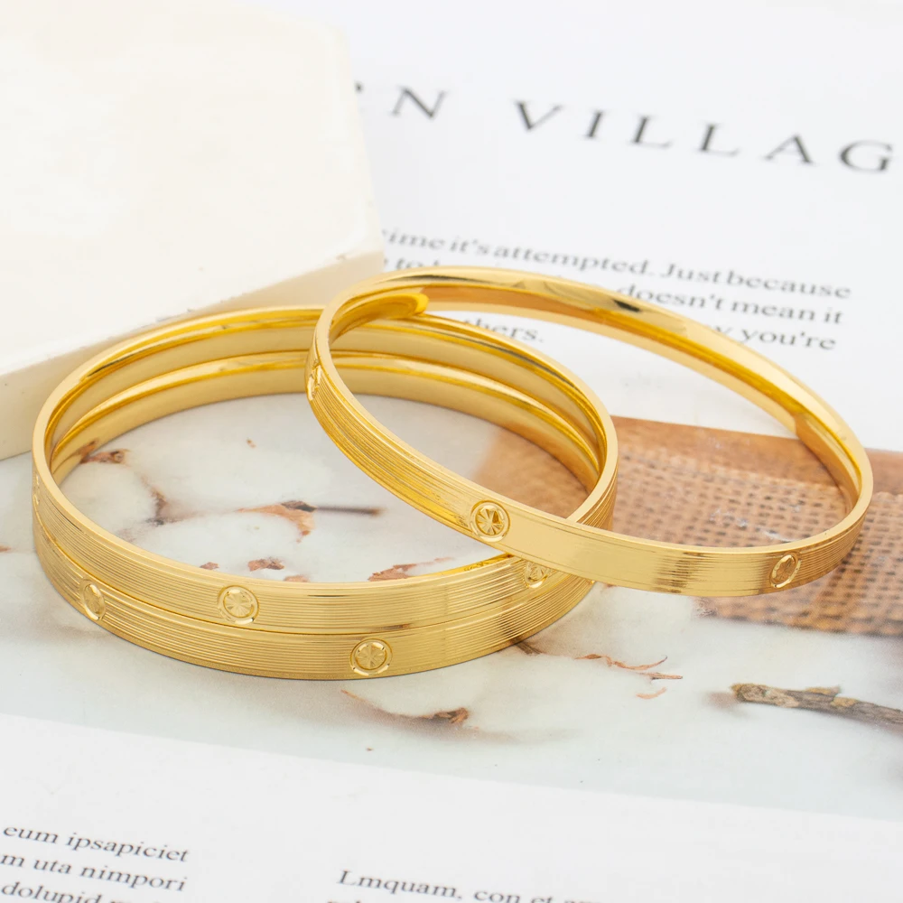 3pcs/lot Bangle Set Elegant Weddings Hand Bracelet African 18k Gold Color Bangles for Women Dubai Copper Closed Bracelet Gifts