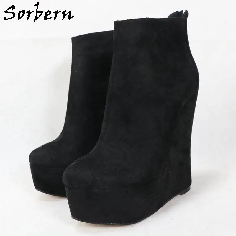 Sorbern Black Faux Suede Boots Women High Heel Platform Wedges Unisex Booties Size EU33-48 Custom Narrow Heel Small Soles