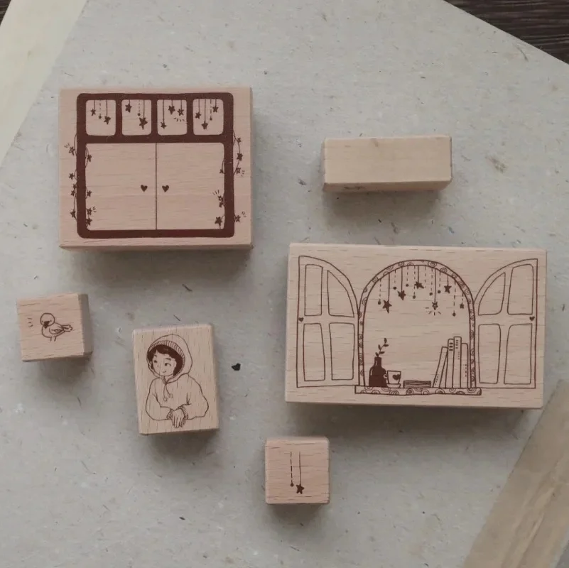 Niesamowita sceneria wewnątrz i na zewnątrz okna Drewniane pieczątki DIY do dziennika Materiał kolażowy Scrapbooking Drewniana pieczęć — zdjęcie 2