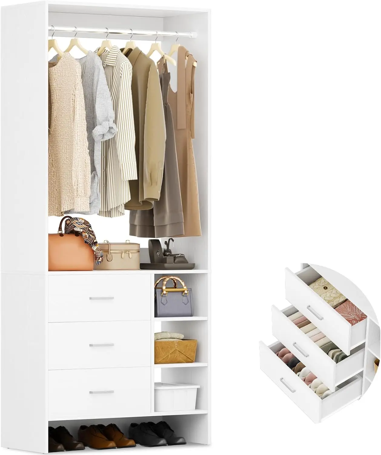 2.5FT Closet System with 3 Drawers,29.5’’ Closet Organizer, White Walk-in Closet or Small Closets Wardrobe, Clothes Rack with Hanging Rods