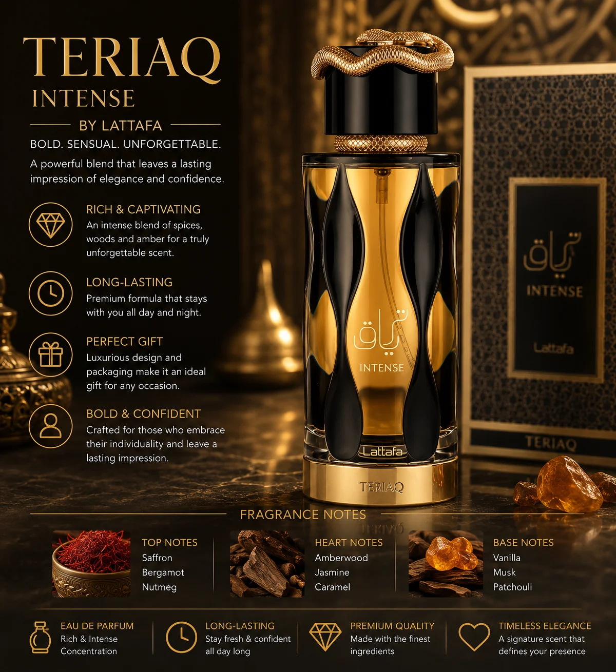 Lattafa Teriaq Intense Unisex Eau de Parfum Spray Long Lasting Oriental Woody Fragrance for Men and Women 100 ml 3.4 Fl Oz