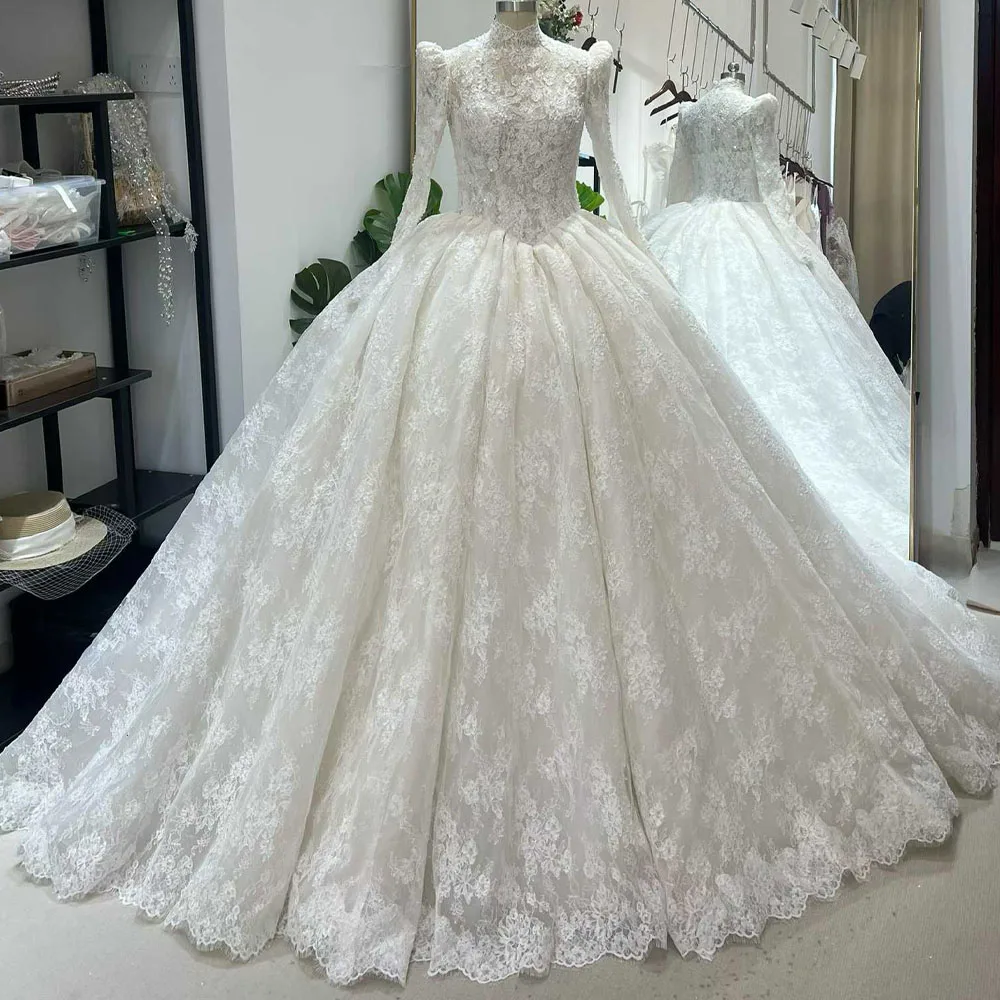 

2026 Elegant Lace Bridal Wedding Dress Long Sleeves High Neck Zipper Back Robe De Mariée 2026