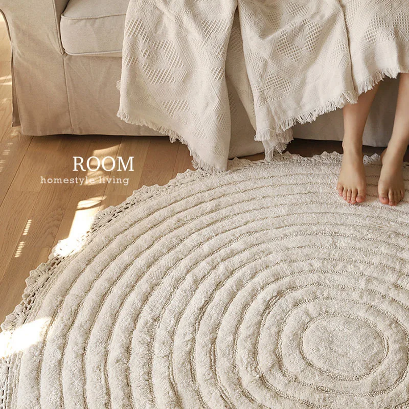 Beige Round Carpet Kid Room Soft Cotton Area Rug for Living Room Bedside Plush Floor Mat Home Decor Baby Kid Crawling Carpets