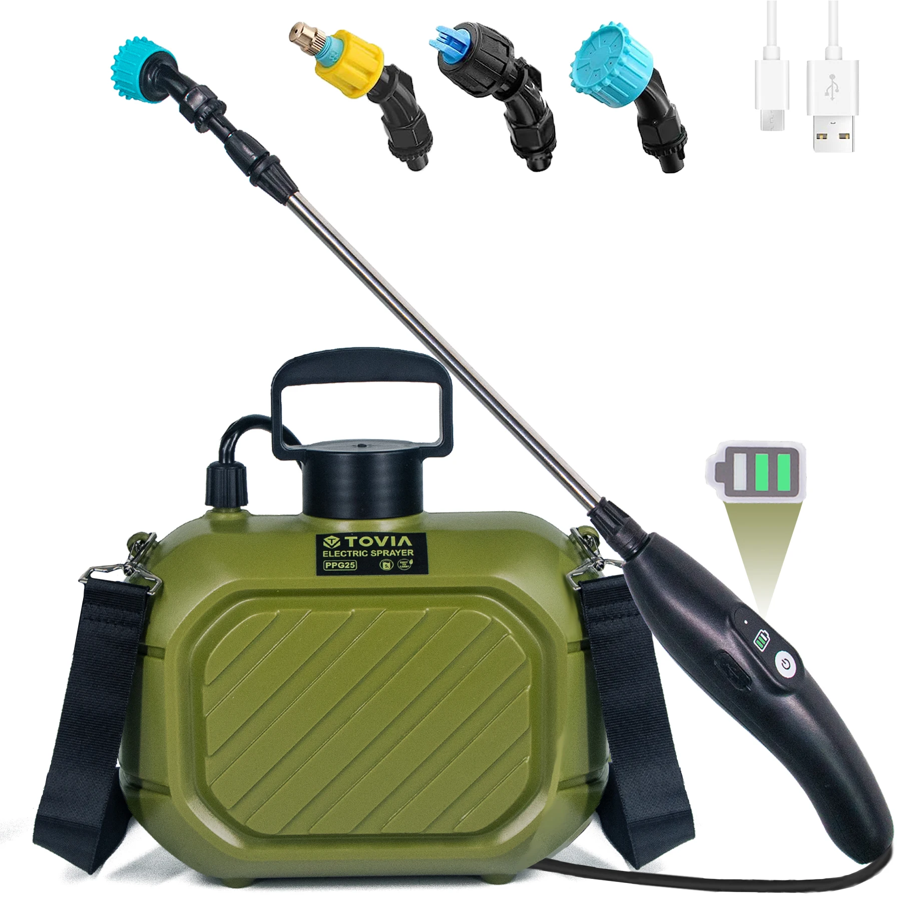 T TOVIA Electric Sprayer, Sprayer Rechargeable Handle & Telescopic Wand w/ 3 Adjustable Mist Nozzles for Yard Lawn Weeds Plants