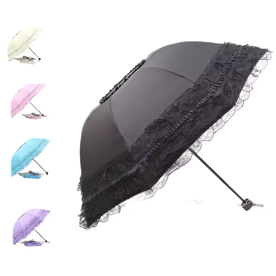 Fünfschichtiger Spitzen-Prinzessinnen-Regenschirm, Spitzenrand-Sonnenschirm, Vinyl-Dreifach-Faltschirm, Dual-Use-Sonnenschirm.