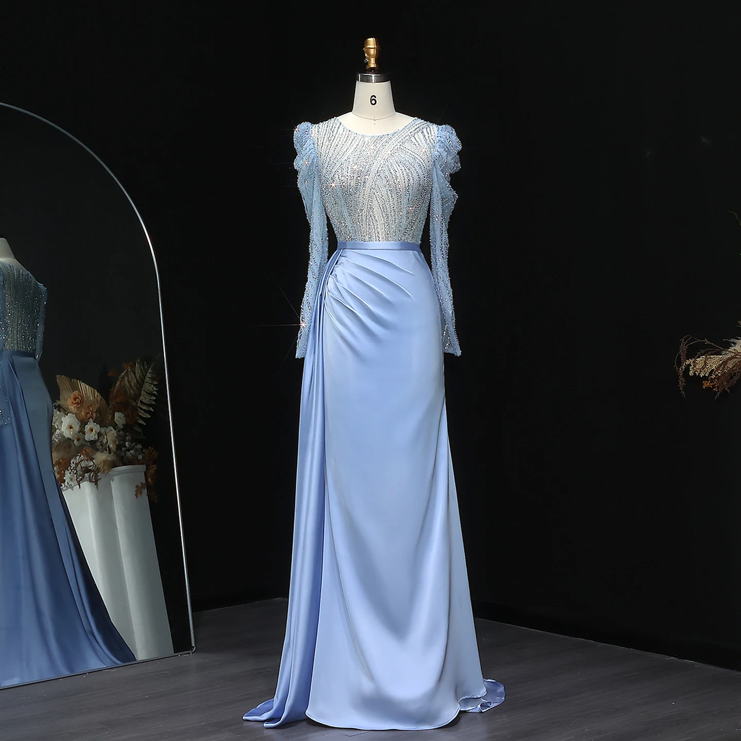 

Sharon Said Elegant Blue Long Puff Sleeves Mermaid Evening Dress for Wedding Gold Long Formal Guest Party Gown SS072 Customized