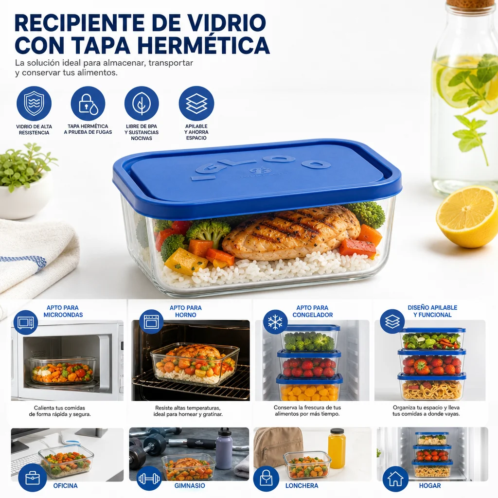 Conteneur alimentaire rectangulaire en verre transparent avec couvercle bleu hermétique, résistant aux changements de température, empilable multi-usages pour la conservation et le transport des aliments